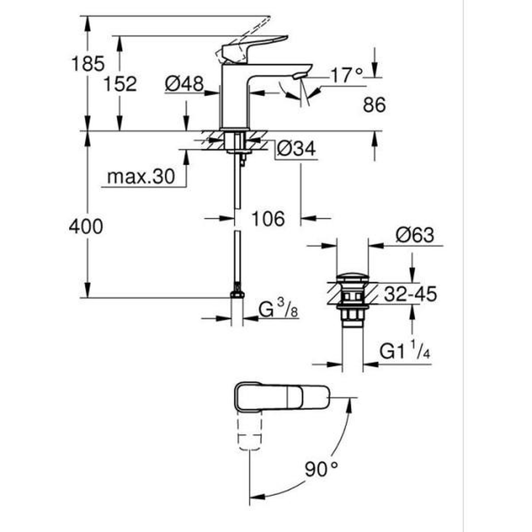 Voir la diapositive 3 : Grohe Mitigeur de lavabo - grohe dice - taille s - cartouche ch3 & vidage clic-clac - chrome