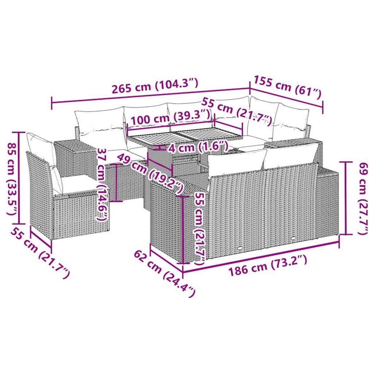 VIDAXL Salon de jardin avec coussins 9 pcs beige resine tressee