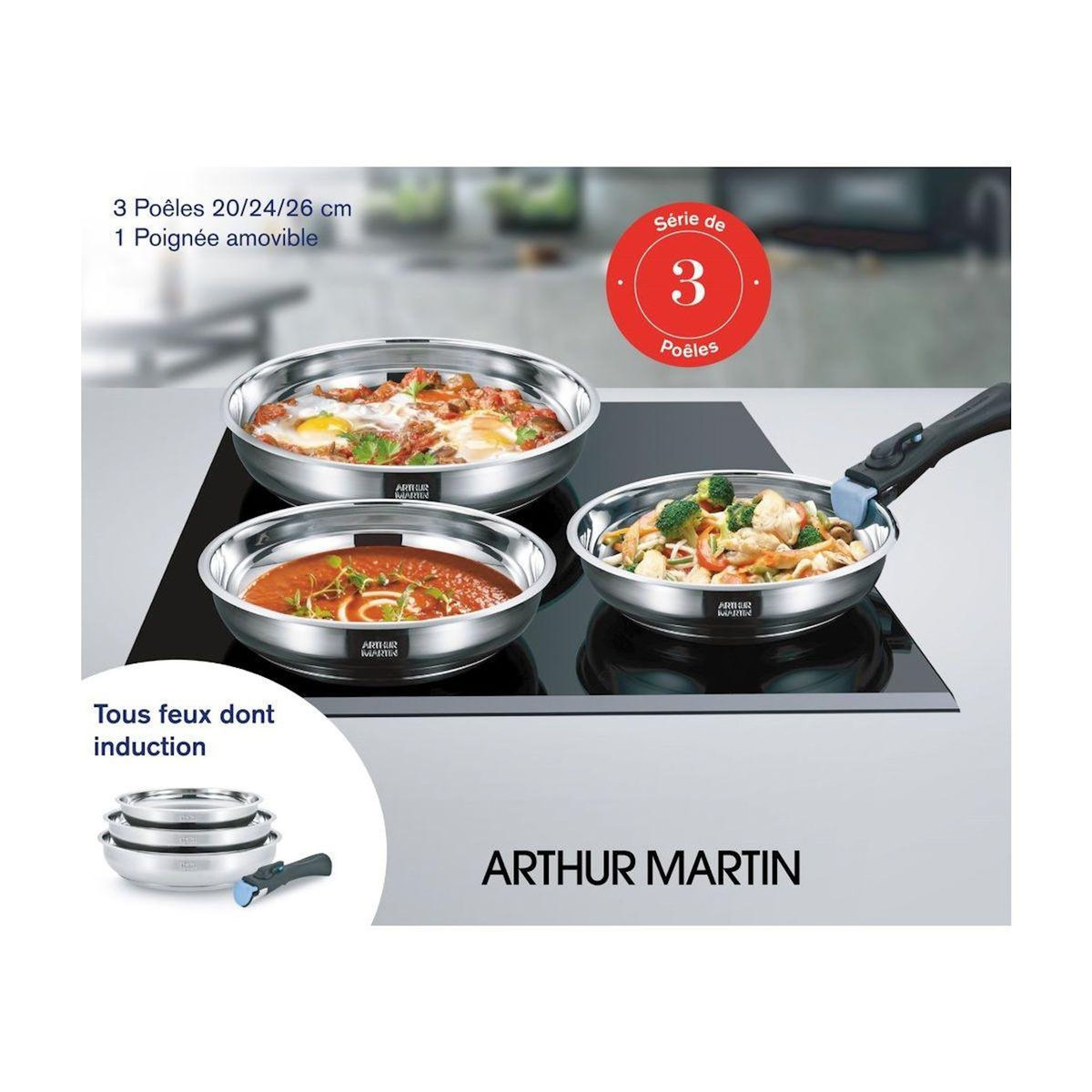 ELECTROLUX Batterie de cuisine de 3 poeles 20-24-26cm + 1 poignée