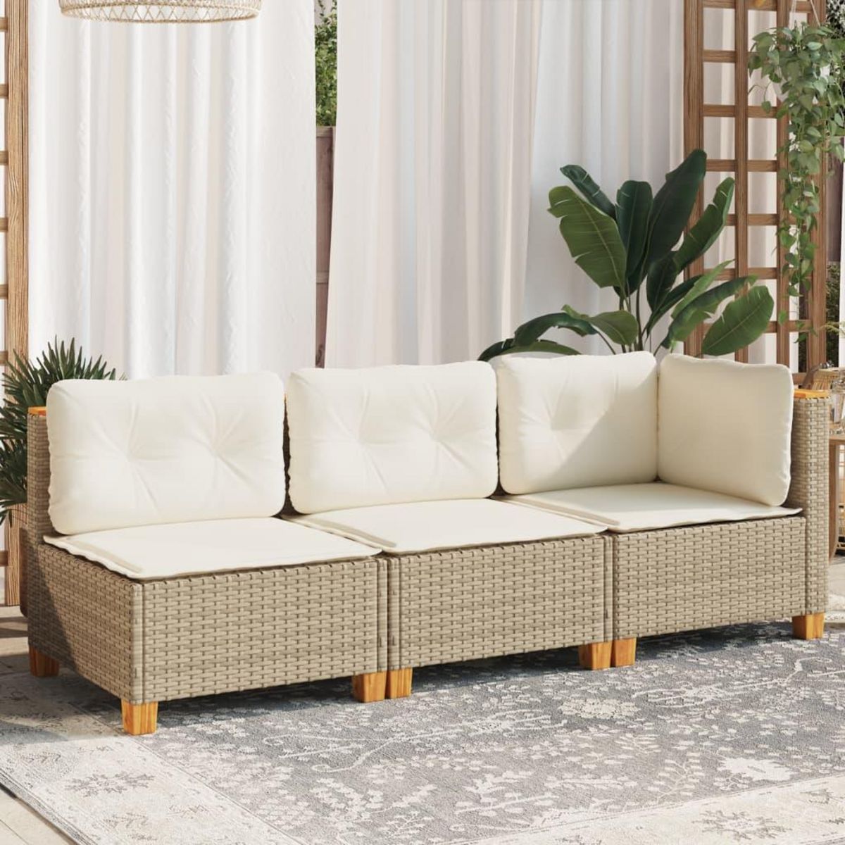 VIDAXL Canape de jardin avec coussins 3 places beige resine tressee