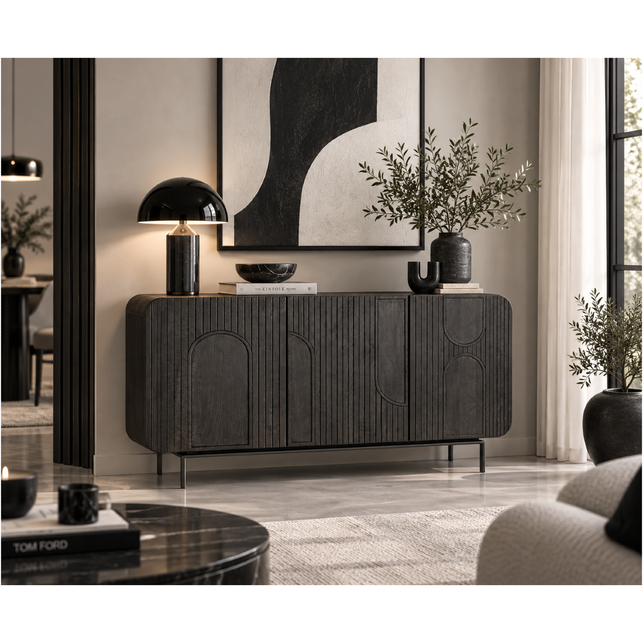 Voir la diapositive 6 : JLC KREATION Petit buffet 3 portes en manguier noir mira 150cm