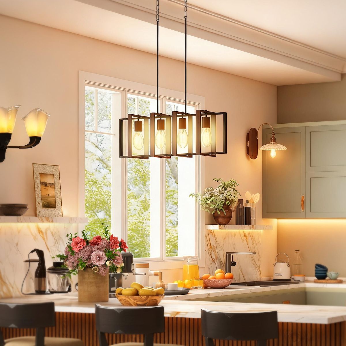 HOMCOM Suspension design 4 lumières cadres rotatifs - hauteur réglable - acier noir bois coloris noyer