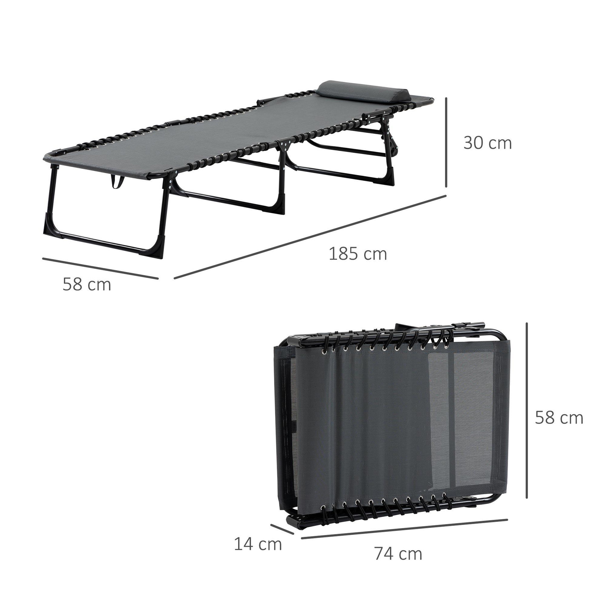 Voir la diapositive 3 : OUTSUNNY Bain de soleil transat pliable avec poignée - dossier inclinable multi-positions, pochette, tétière - acier époxy noir lacets élastiques textilène gris