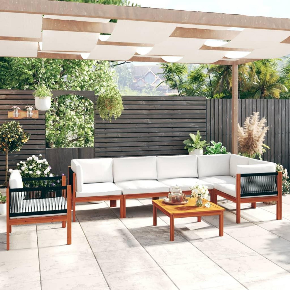 VIDAXL Salon de jardin 7 pcs avec coussins Creme Bois d'acacia solide