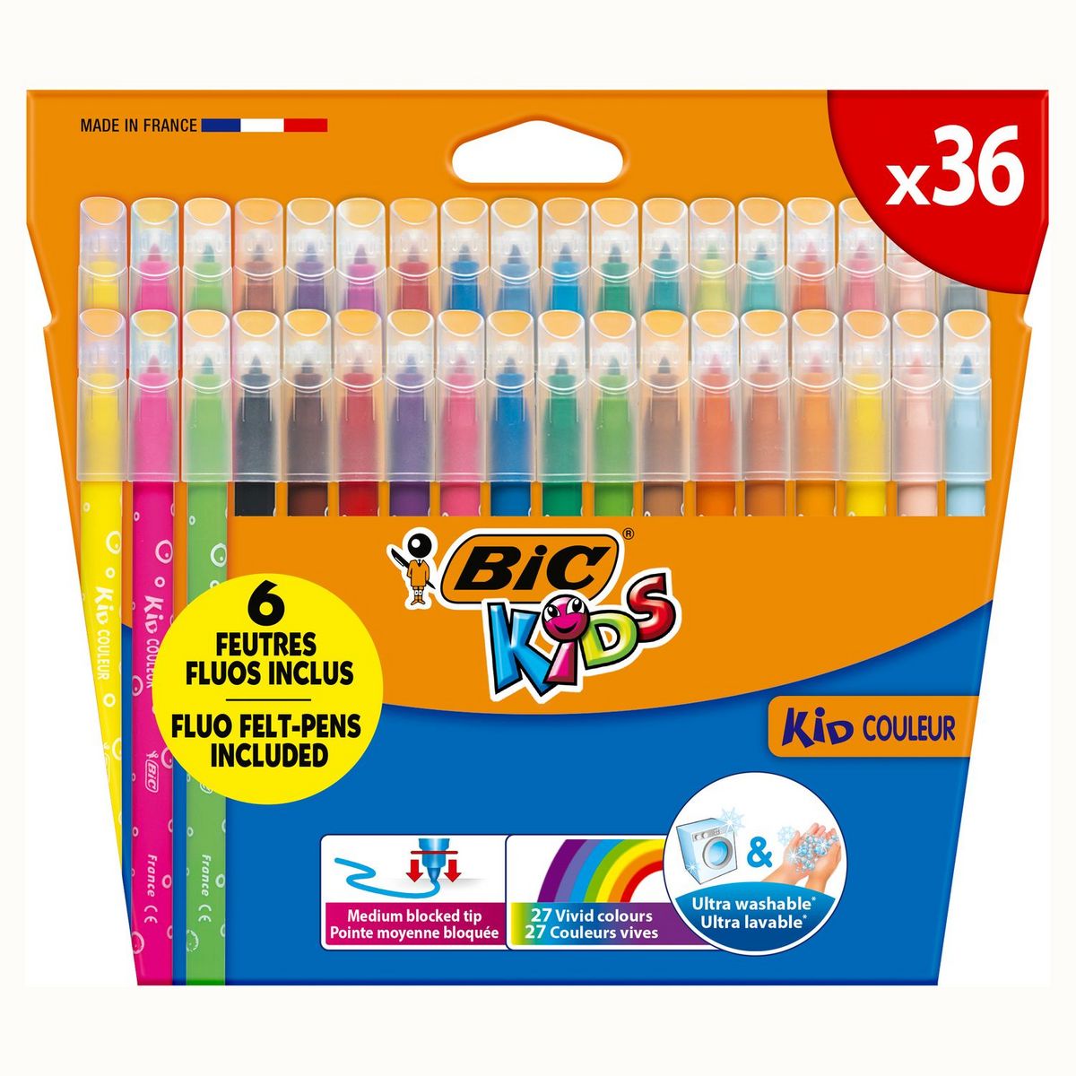 BIC Boîte de 36 feutres de coloriage lavables pointe moyenne KID COULEUR
