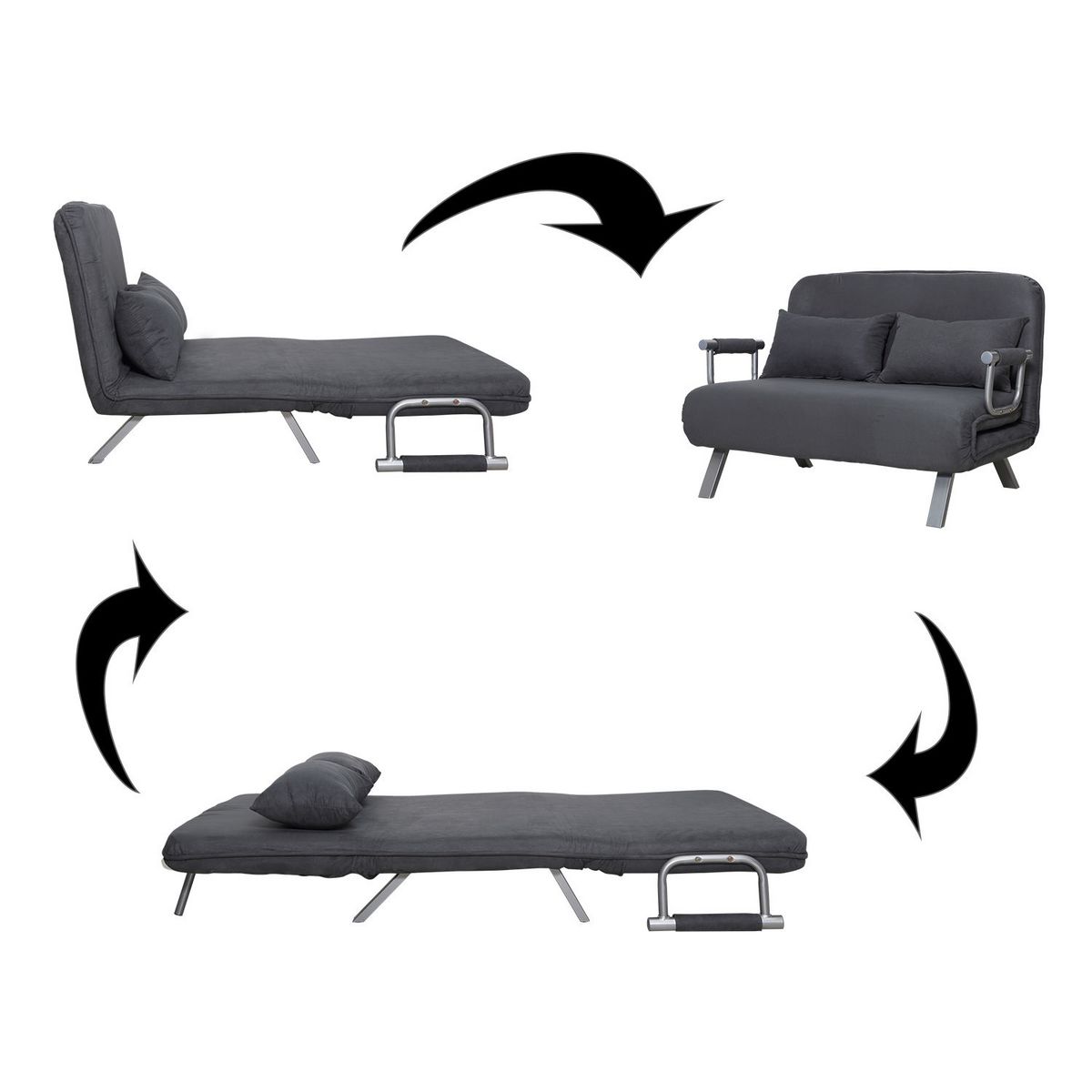 HOMCOM Canapé-lit canapé convertible 2 places déhoussable grand confort 2 coussins fournis pieds accoudoirs métal suède gris foncé