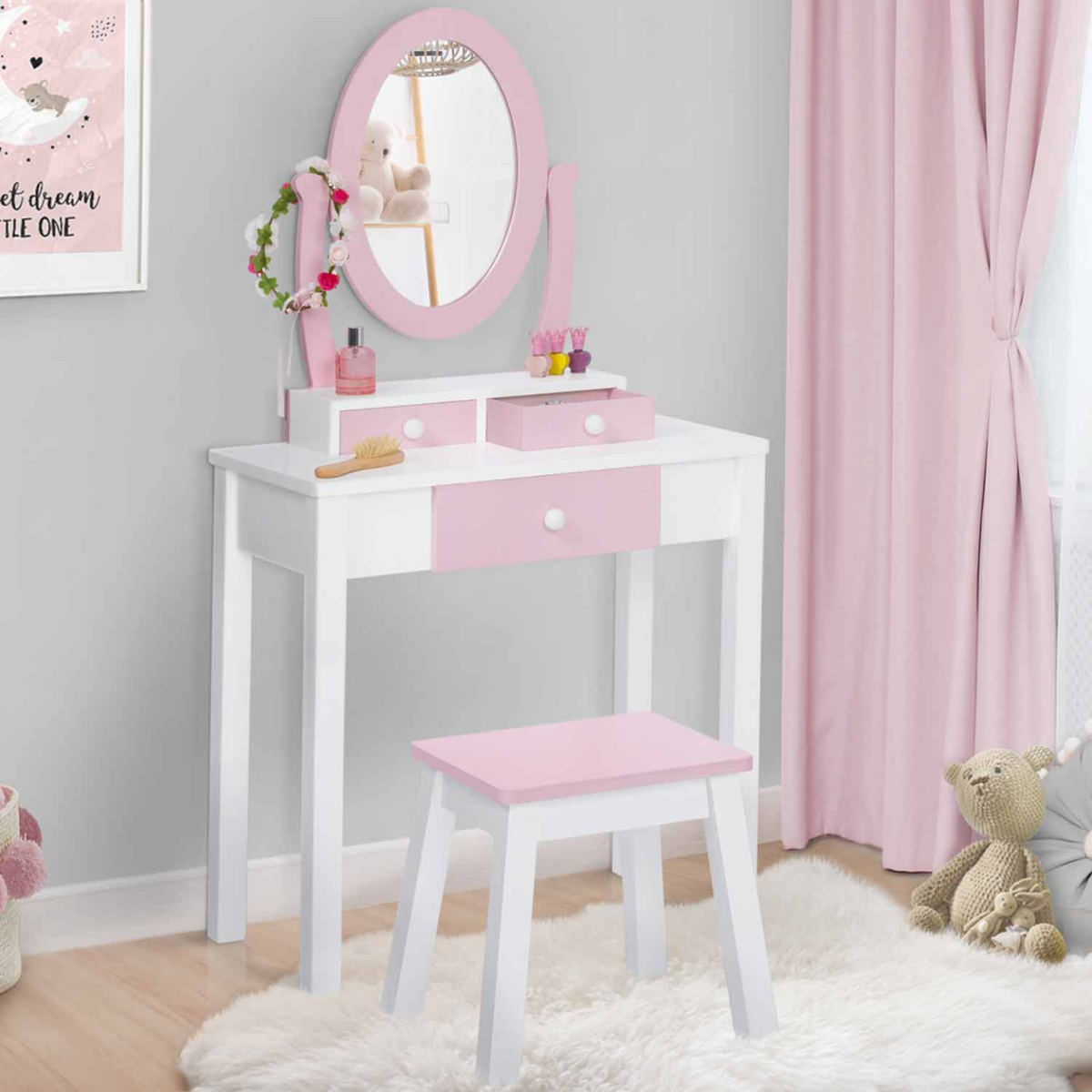 ID MARKET Coiffeuse enfant BETTANY avec miroir et tabouret