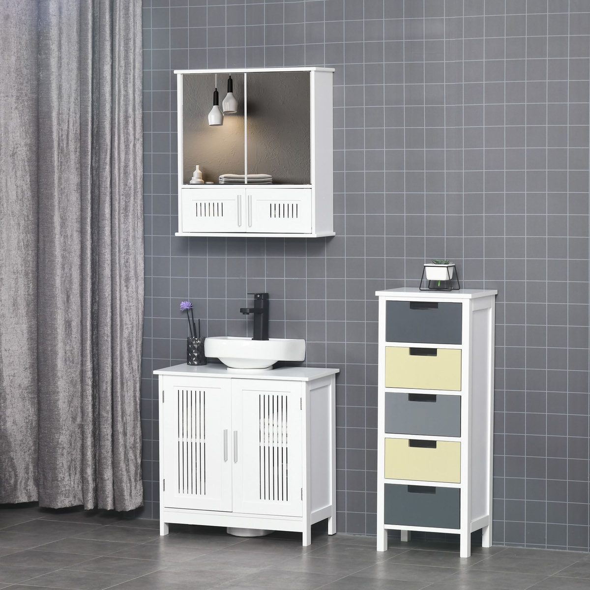KLEANKIN Armoire murale de salle de bain avec miroir - armoire à glace - placard de rangement toilettes - 4 portes, étagère - verre MDF blanc