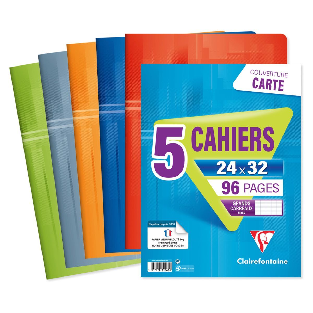 CLAIREFONTAINE Lot de 5 cahiers piqués 24x32cm 96 pages grands carreaux Seyes coloris assortis