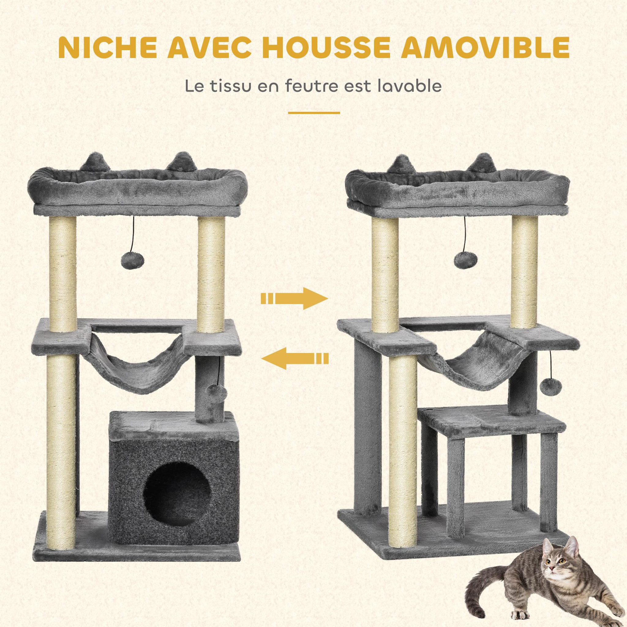 Voir la diapositive 6 : PAWHUT Arbre à chat h.90cm - griffoirs, plateforme d'observation, niche, hamac, boules suspendues - gris