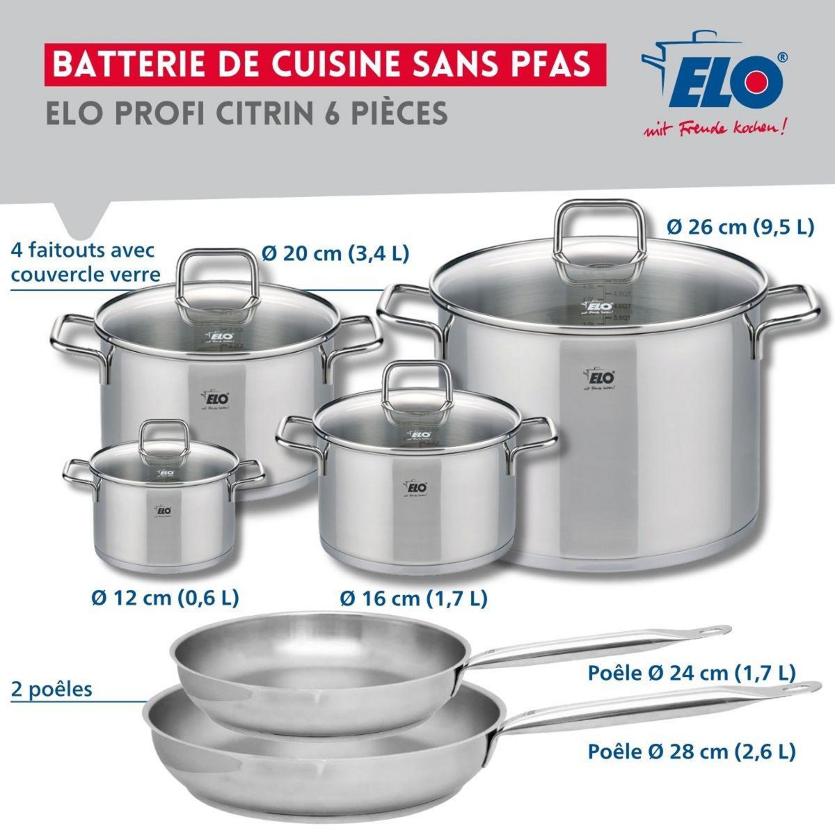 666 Barcelona Ensemble de 2 Poêles de cuisson 24 et 28 cm et 4 faitouts 12, 16, 20 et 26 cm Elo Profi Citrin