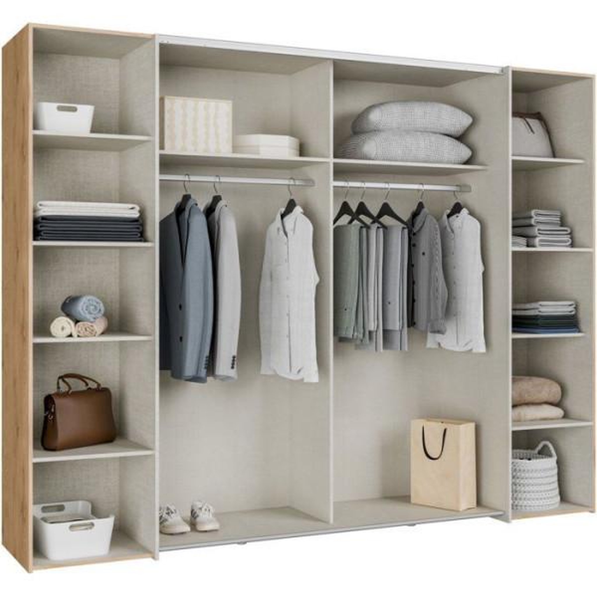 Voir la diapositive 6 : MARKET24 Armoire de chambre - NARAGO - Décor Chene et Taupe - 2 portes coulissantes + 2 portes battantes - L270 x P61 x H210 cm