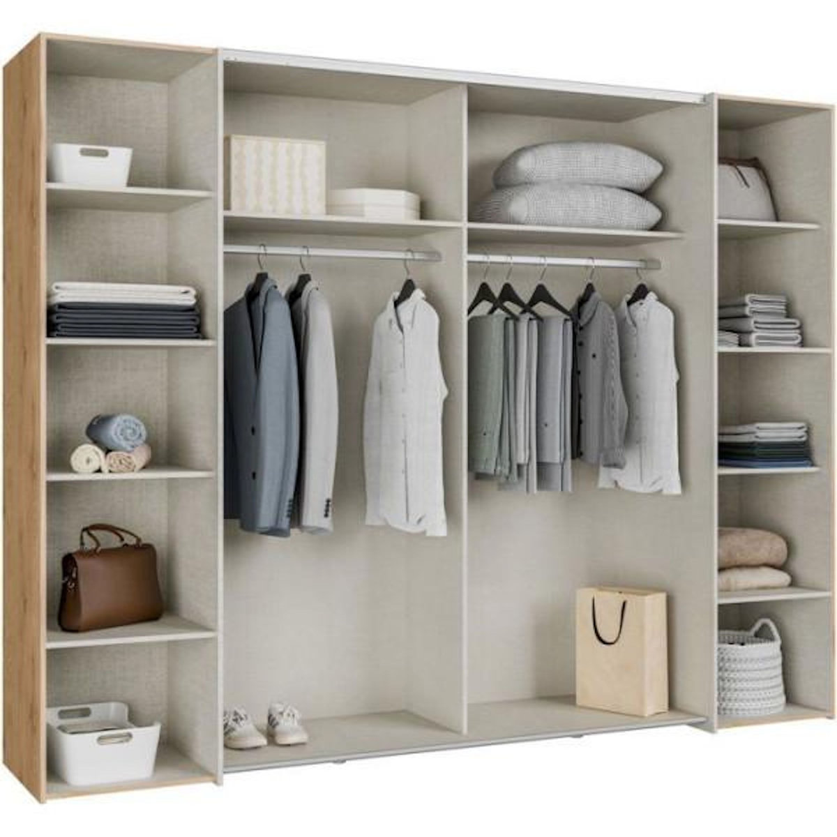 MARKET24 Armoire de chambre - NARAGO - Décor Chene et Taupe - 2 portes coulissantes + 2 portes battantes - L270 x P61 x H210 cm