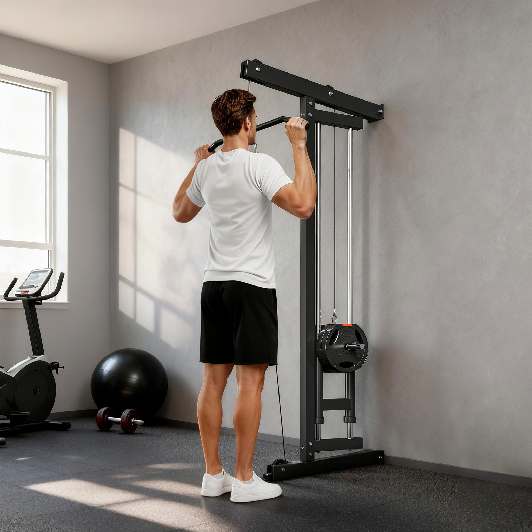 Voir la diapositive 4 : HOMCOM Lat pulldown machine poulie haute et basse - home lat machine murale - charge par disques