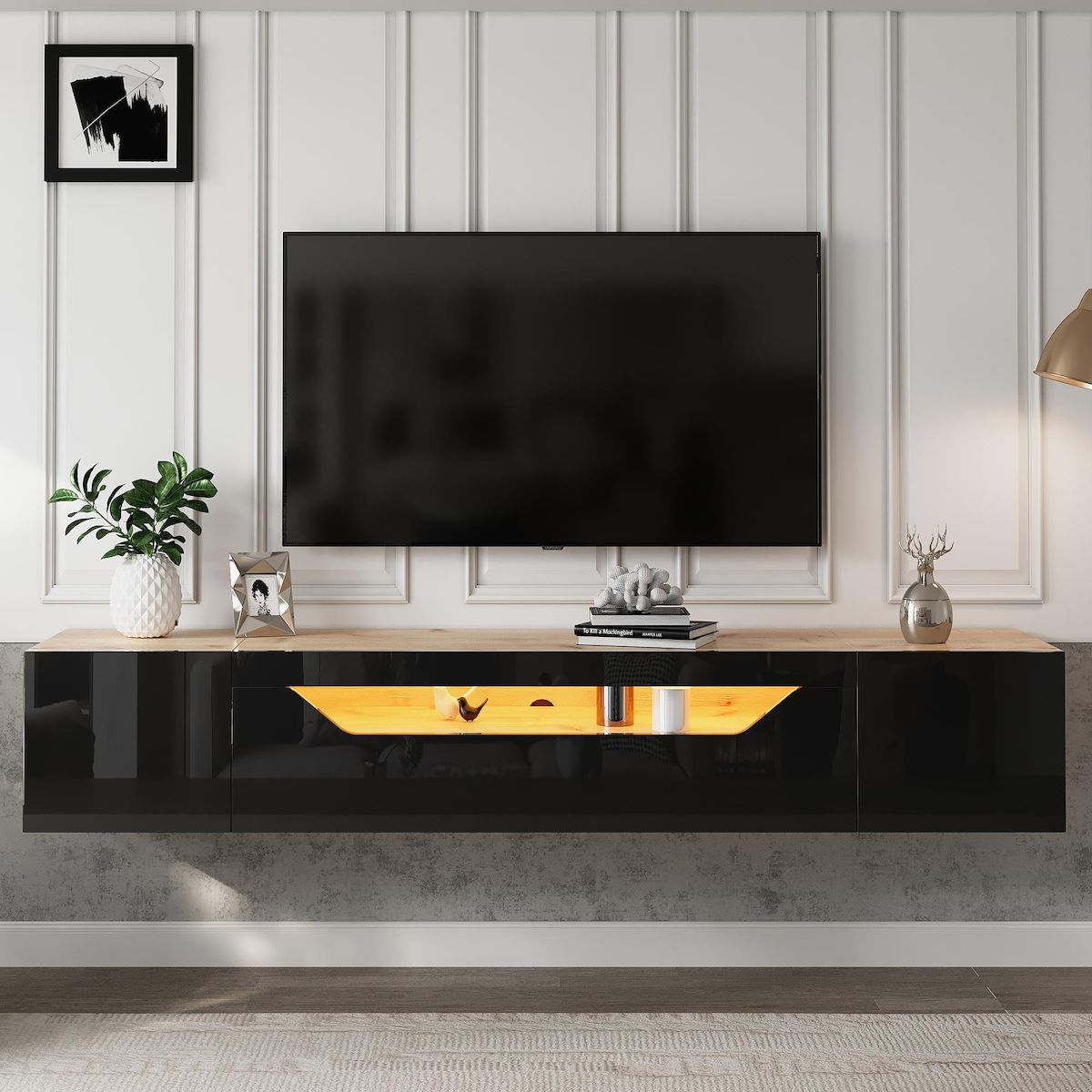 MERAX Meuble tv naturel+noir 180cm led panneau de particules