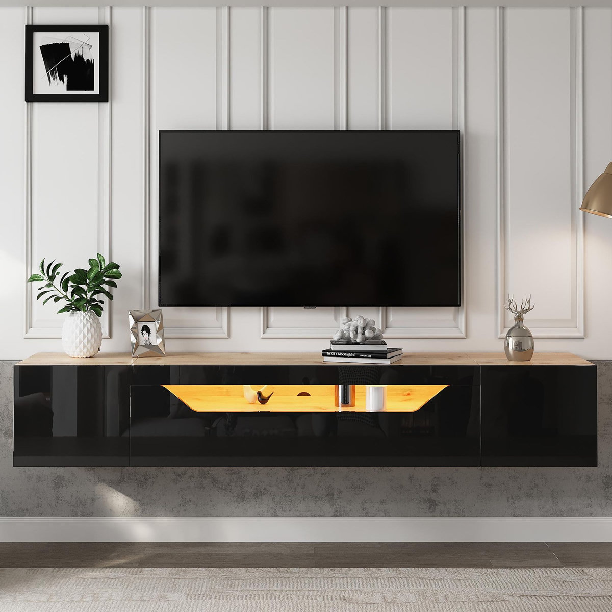 MERAX Meuble tv naturel+noir 180cm led panneau de particules