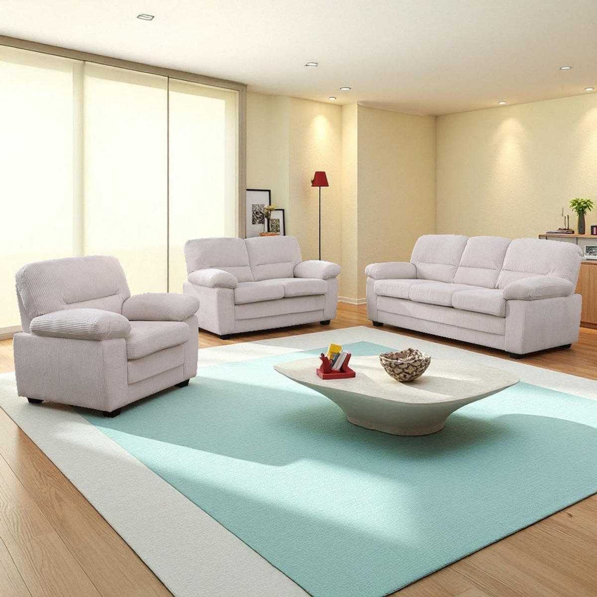 CONCEPT USINE Ensemble canapé 3 places + 2 places + fauteuil en velours côtelé beige LINCOLN