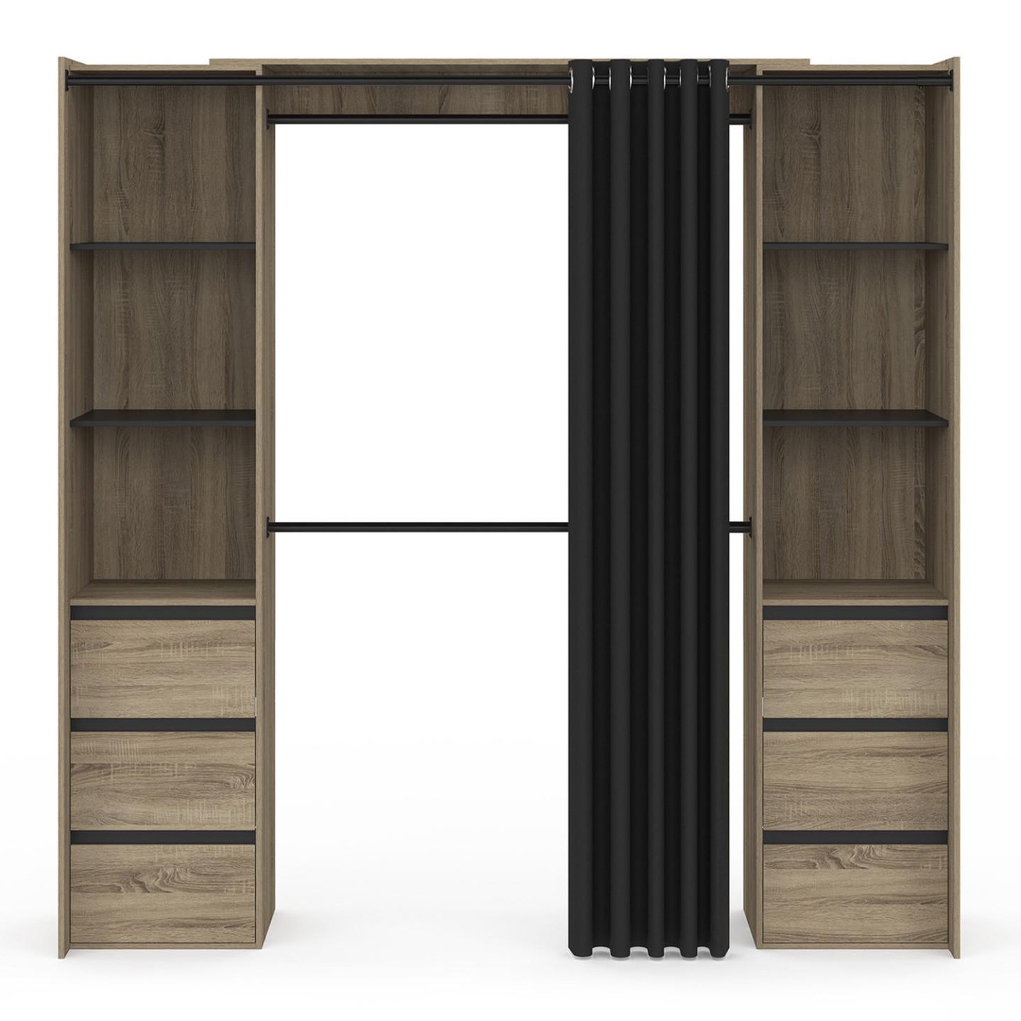 Voir la diapositive 3 : ID MARKET Dressing extensible double meryl 120/180 cm hêtre avec 6 tiroirs + étagères + double penderie + rideau noir