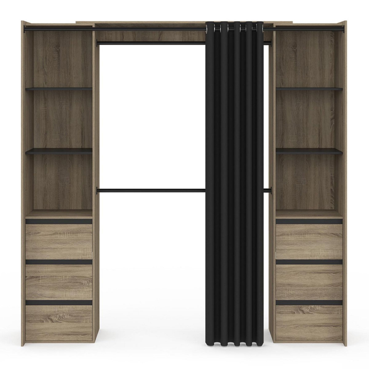 ID MARKET Dressing extensible double MERYL 120/180 cm hêtre avec 6 tiroirs + étagères + double penderie + rideau noir