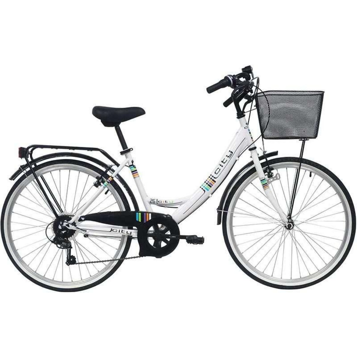 Vélo VTC 26'' City Rigide Femme Acier - 6 vitesses  - enjambement bas - Shimano - Panier avant - Porte bagages - garde boues et jantes en aluminium
