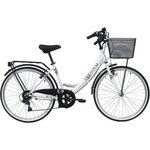 Vélo VTC 26'' City Rigide Femme Acier - 6 vitesses  - enjambement bas - Shimano - Panier avant - Porte bagages - garde boues et jantes en aluminium
