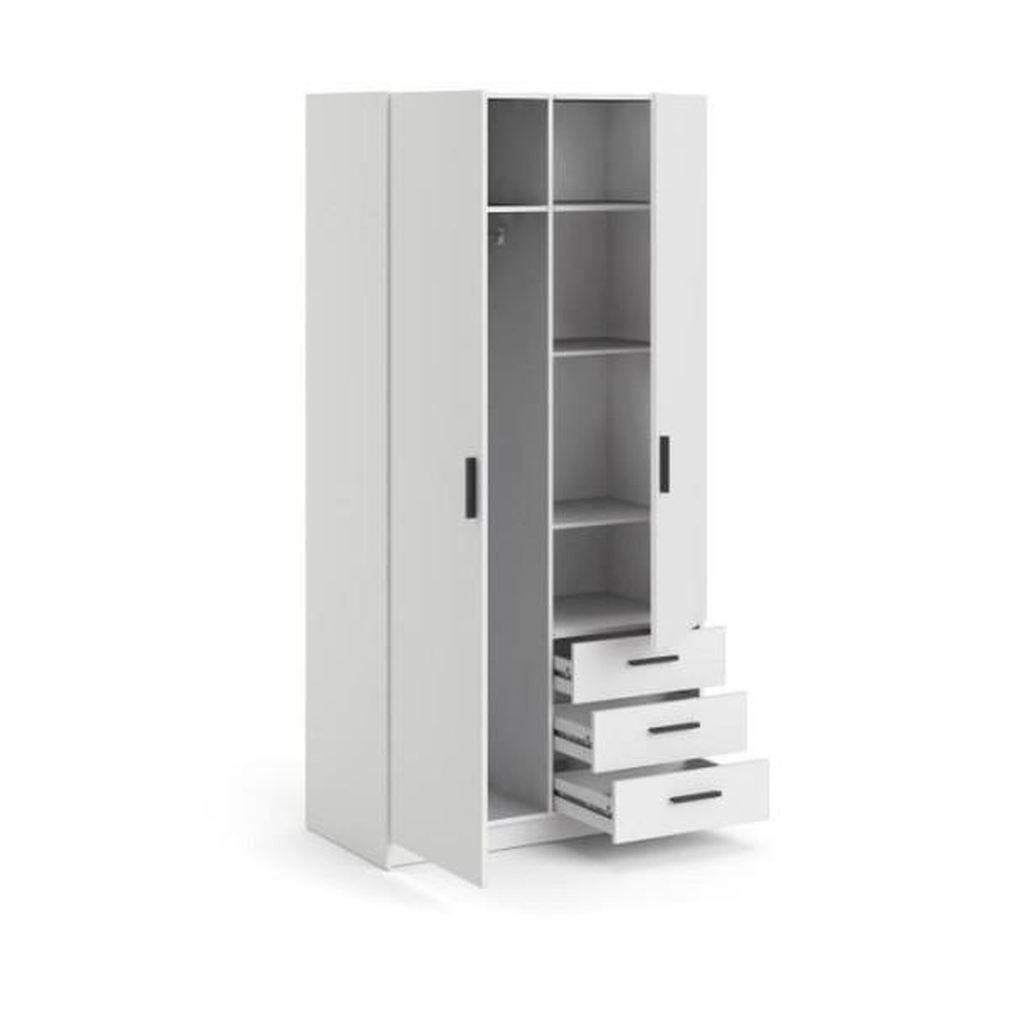 Voir la diapositive 4 : TVILUM Armoire VEGA - Décor Blanc mat - 2 portes + 3 tiroirs - L 98,5 x P 49,6 x H 200,4 cm