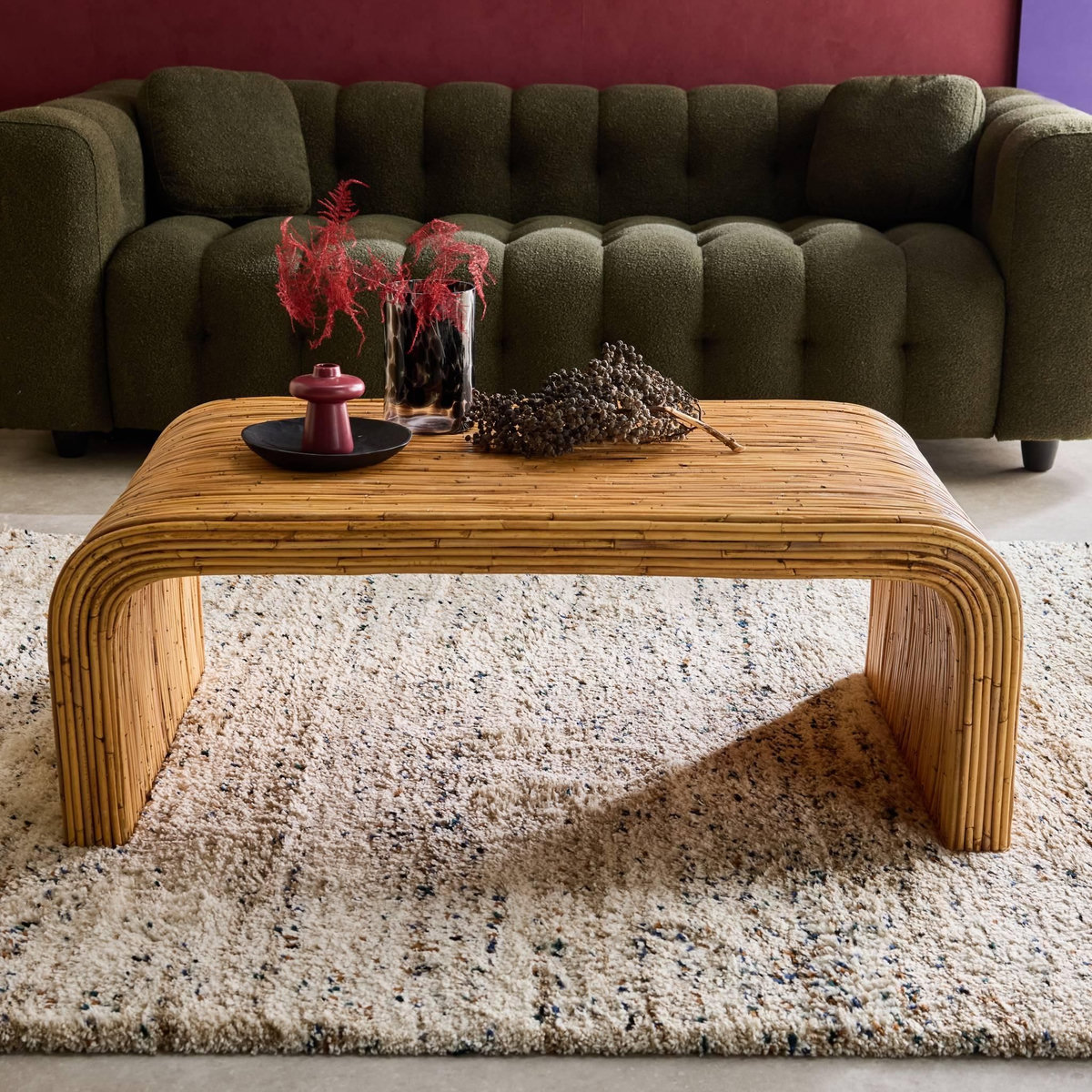 SWEEEK Table basse rectangulaire en rotin naturel. 110cm. bords arrondis. L 110 x P 60 x H 40cm