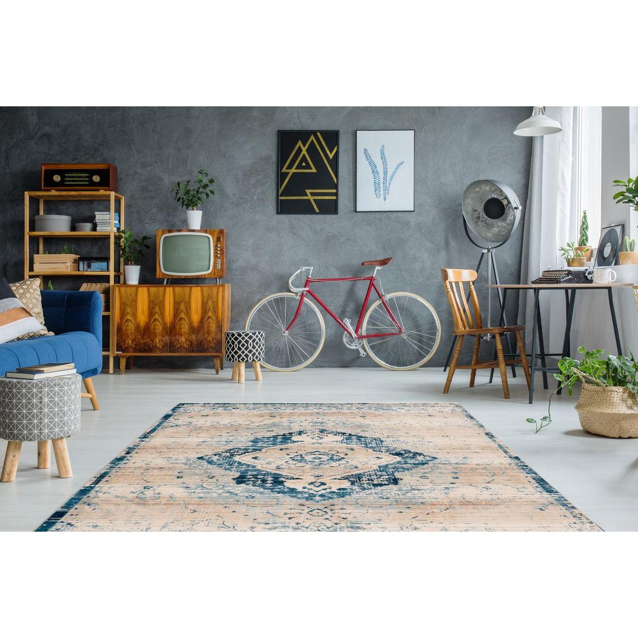 Voir la diapositive 2 : Paris Prix Tapis vintage à franges  baroque v  crème & bleu