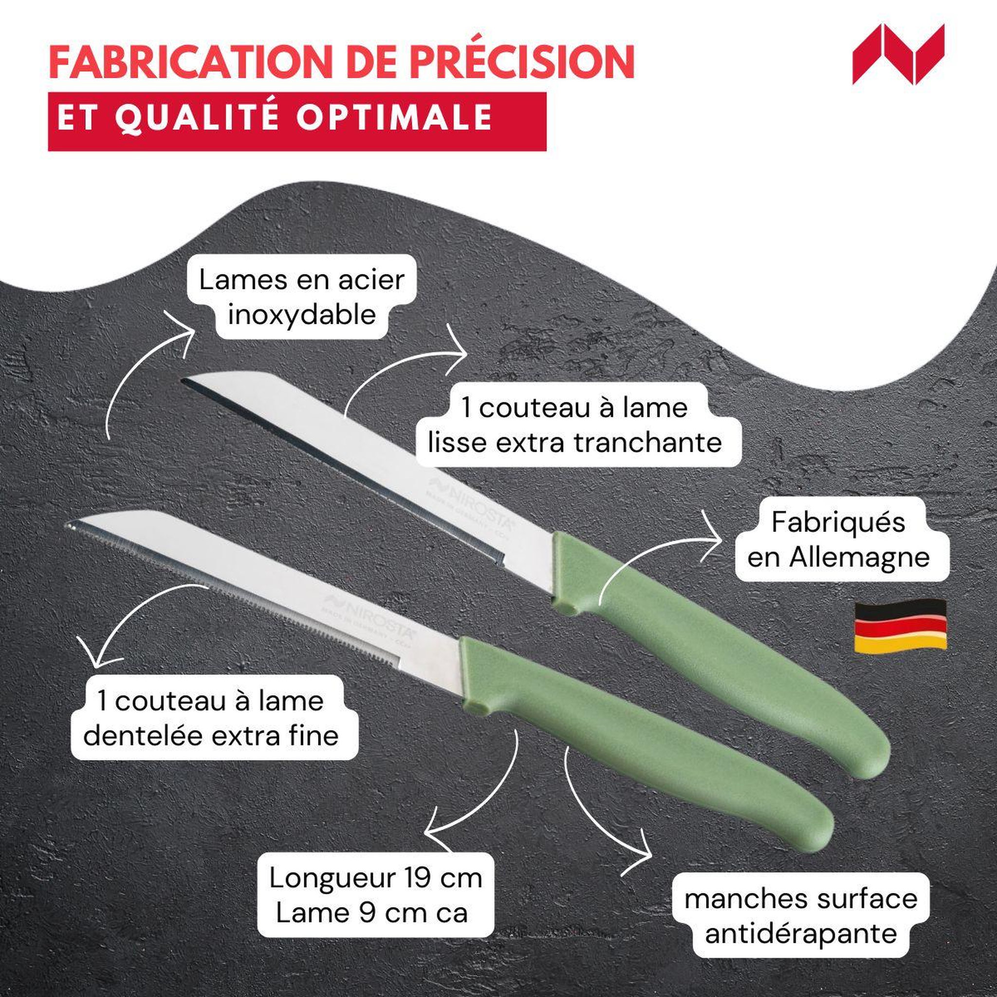 Voir la diapositive 3 : NIROSTA Set de 2 couteaux à légumes 19 cm nirosta elemental