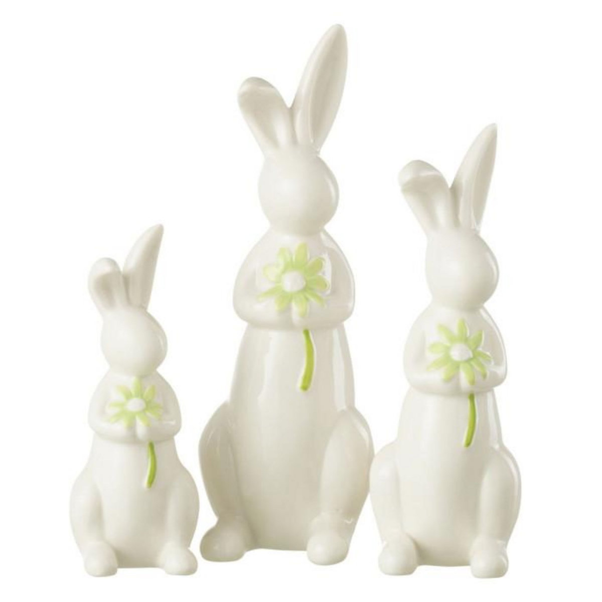 Paris Prix Lot de 3 Statuettes Lapins  Fleurs  23cm Blanc & Vert