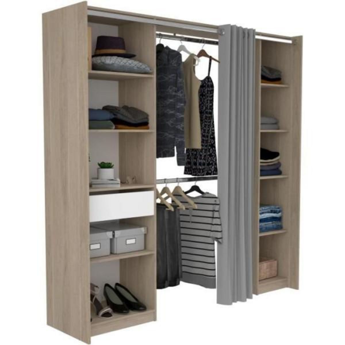 EKIPA EKIPA - Kit Dressing - 2 Colonnes - 1 tiroirs - 10 étageres - Décor Chene dakota blanc - 198 x 200,3 x 50 cm - GARANCE