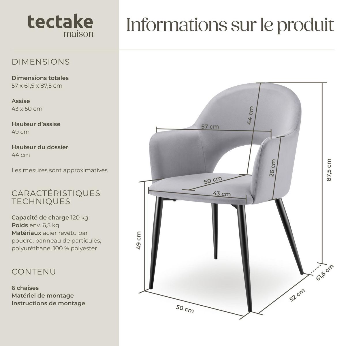 tectake Fauteuil en velours et rembourré gris clair Lot de 6