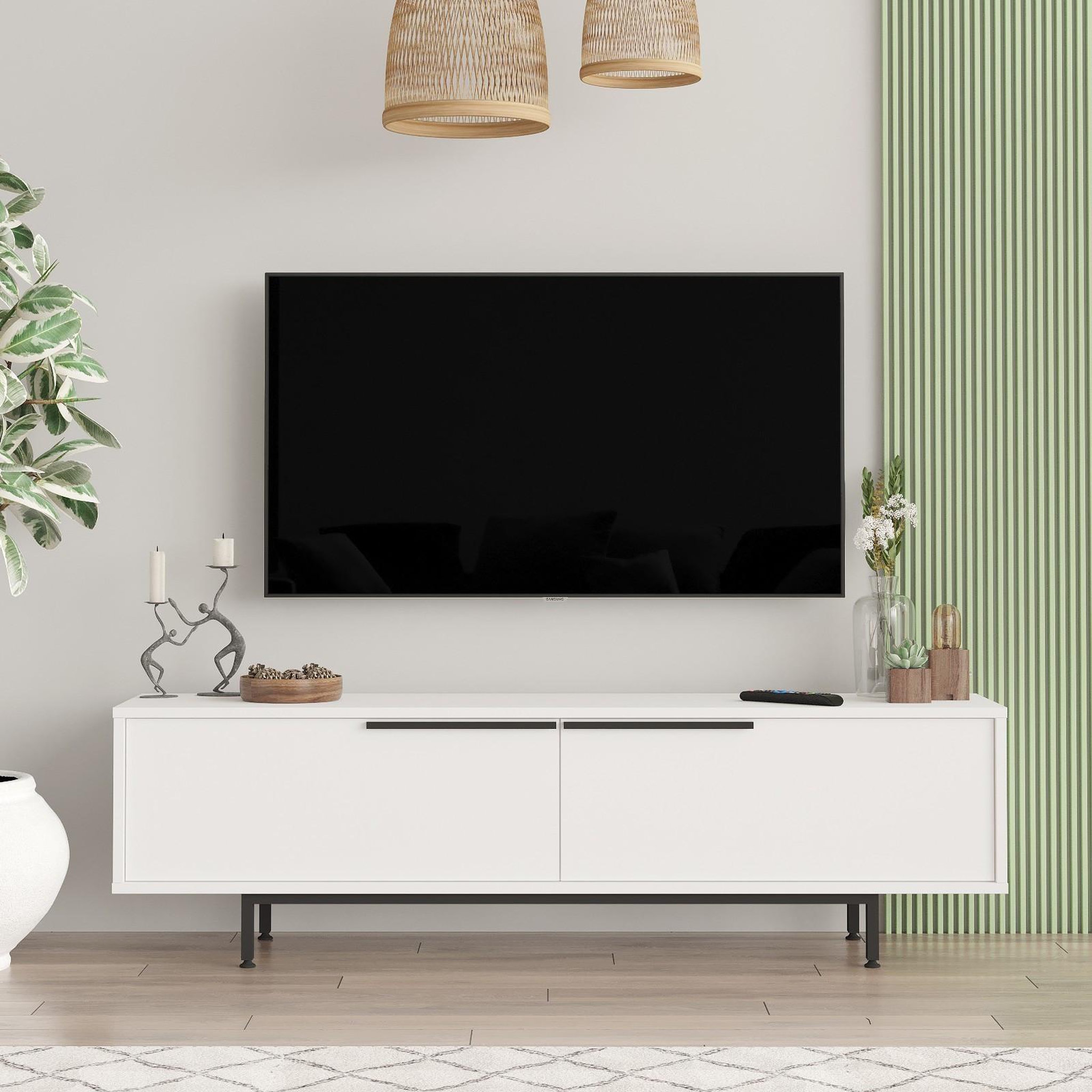 Voir la diapositive 4 : Habitat et Jardin Meuble tv en bois  calvin  - 160 x 35 x 45 cm - blanc