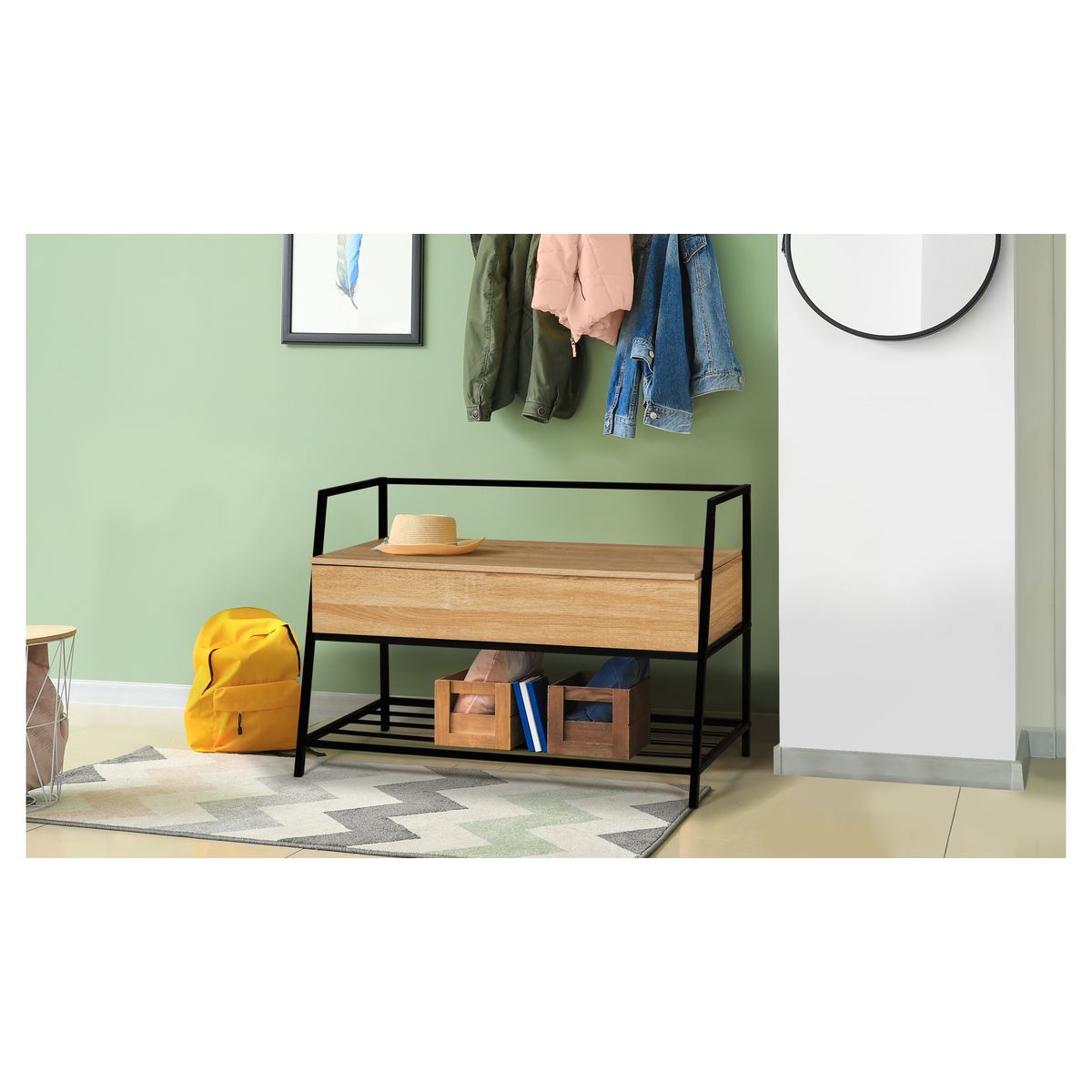 Banquette avec coffre et étagère métal MATEO