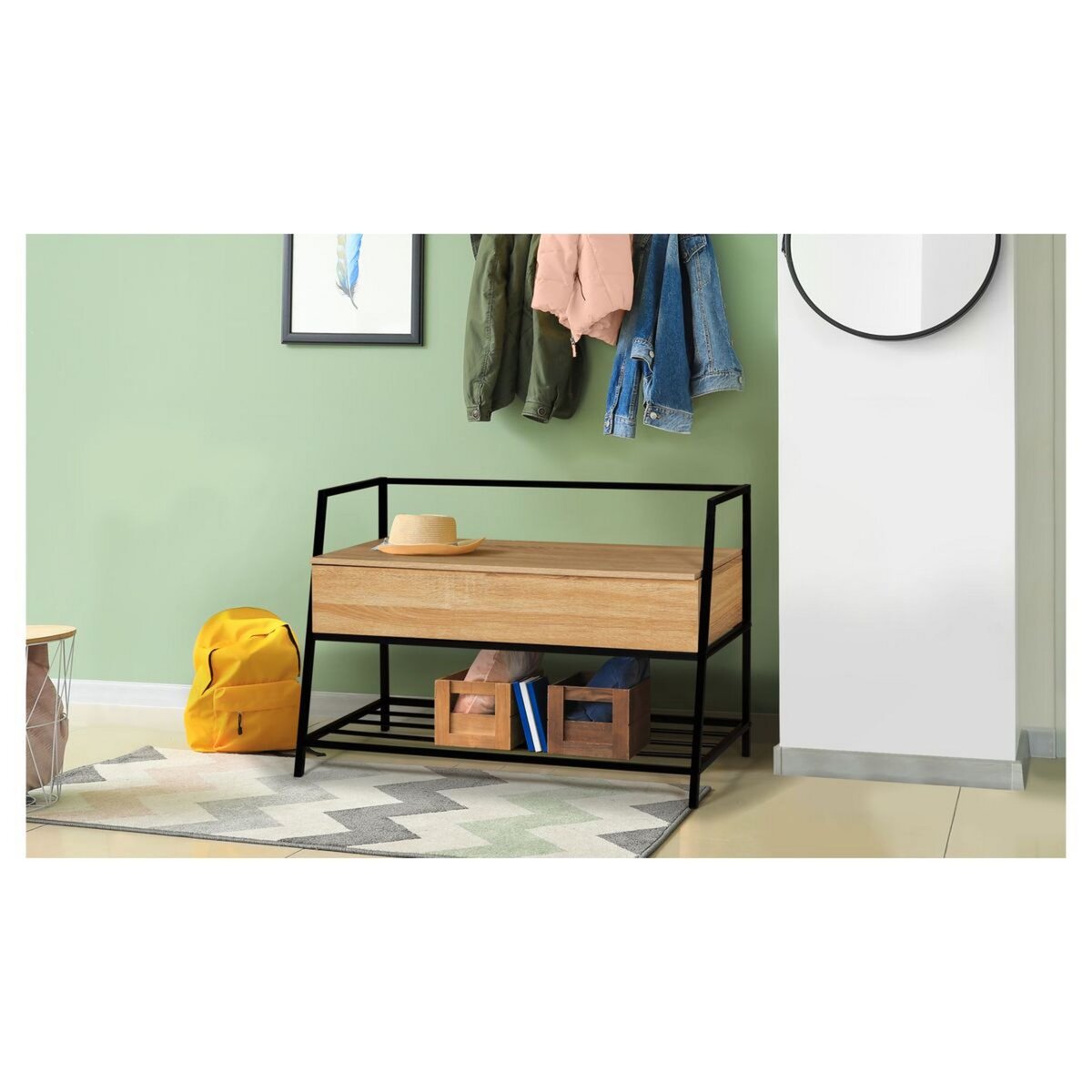 Banquette avec coffre et étagère métal MATEO