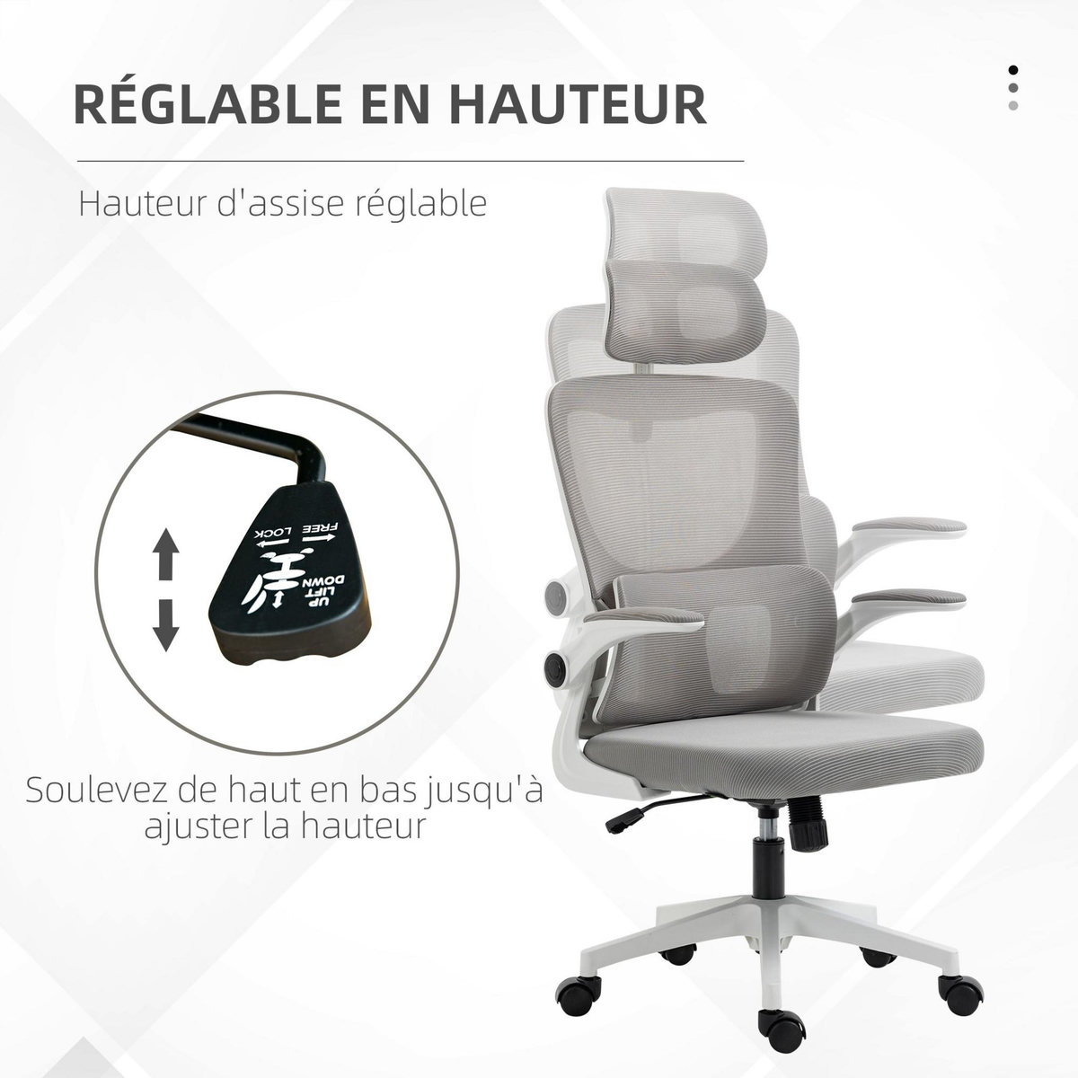 VINSETTO Fauteuil de bureau ergonomique réglable - fonction bascule, support lombaires, tétière ajustable - blanc gris