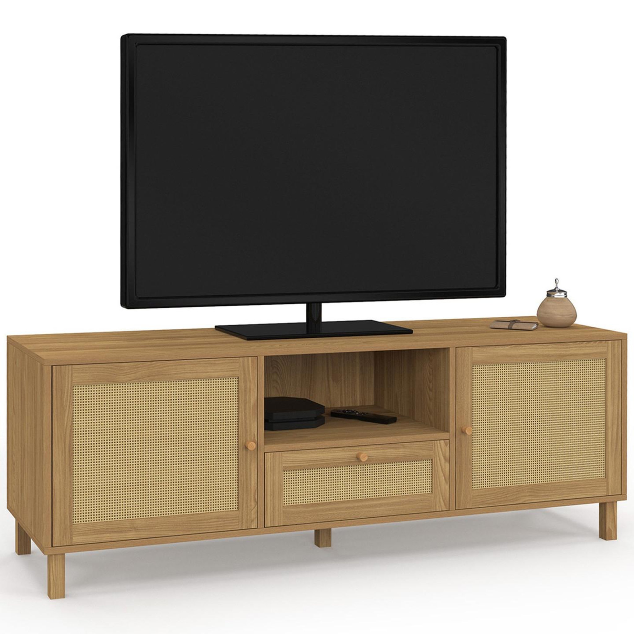 ID MARKET Meuble tv 140 cm vintage hanae 3 portes effet naturel cannage