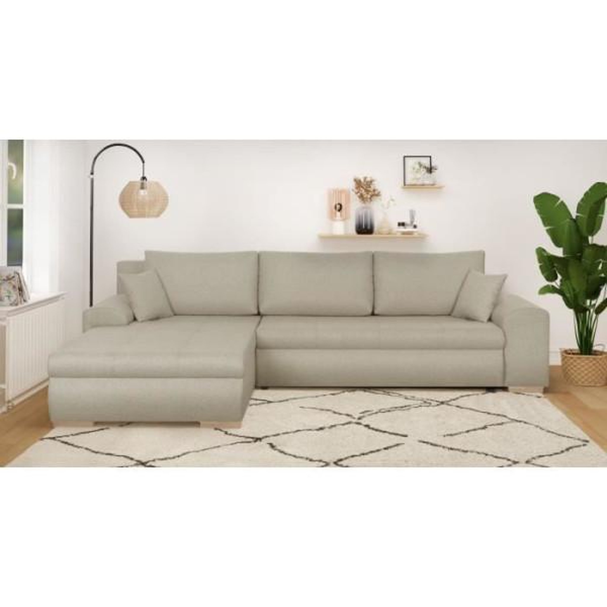 Voir la diapositive 2 : MARKET24 Canapé d'angle convertible réversible + coffre de rangement - Tissu Beige - L 289 x P 94/188 x H 88 cm - INDIAN