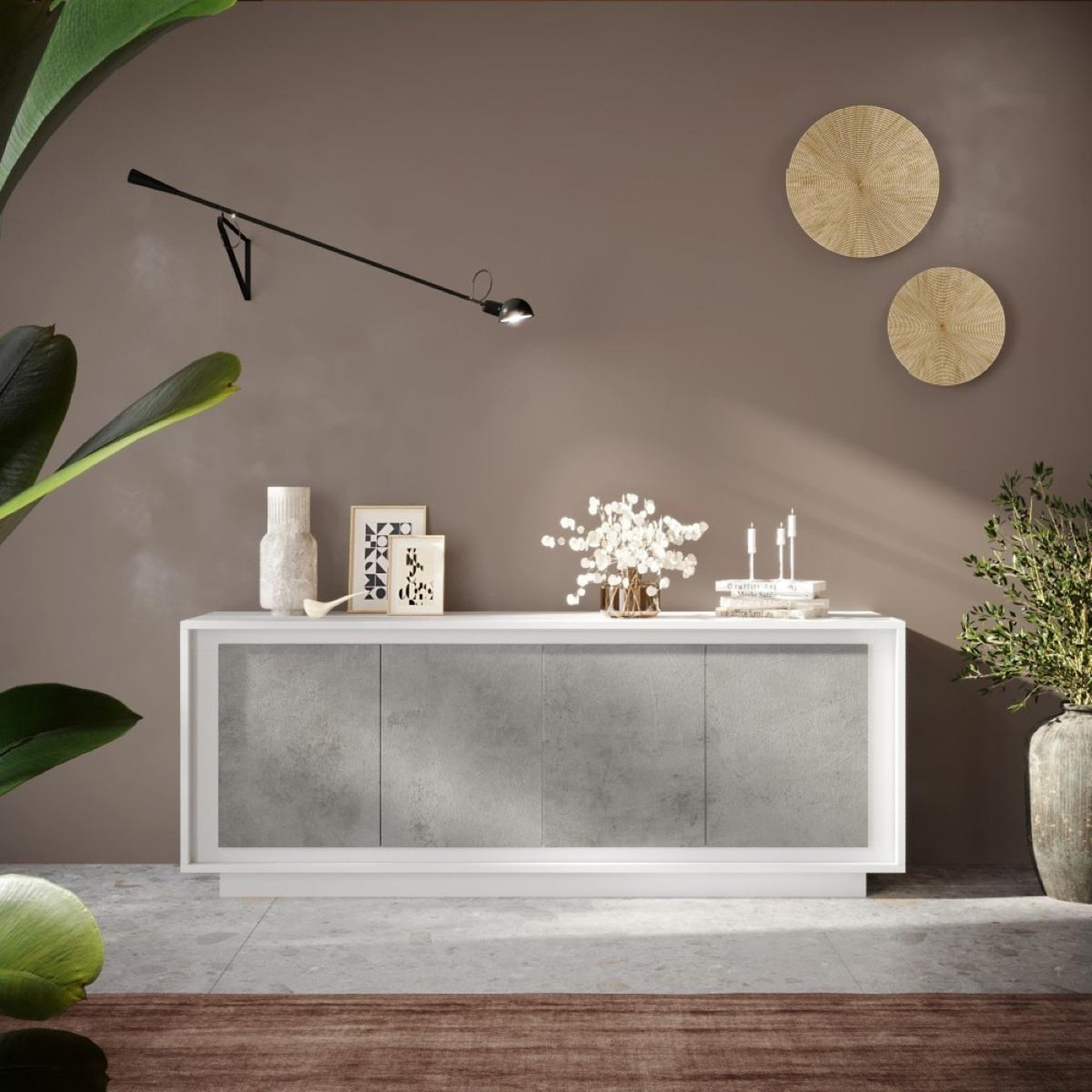 Voir la diapositive 2 : JLC KREATION Buffet bas moderne 4 portes blanc et gris béton yori