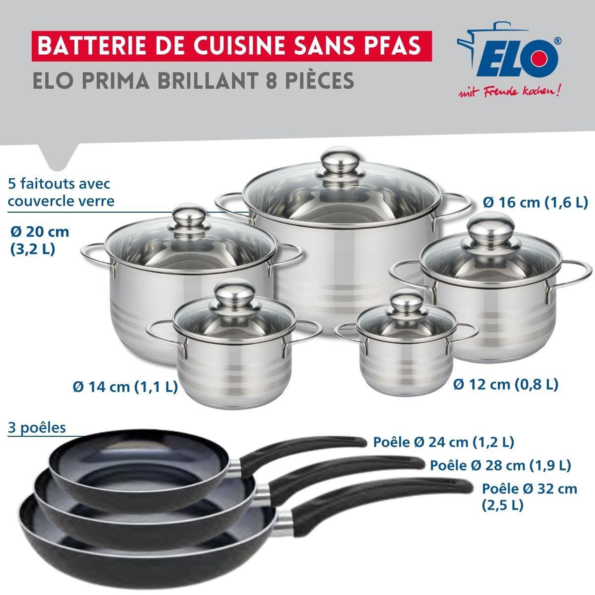 Voir la diapositive 2 : ELO Ensemble de 3 poêles de cuisson 24, 28 et 32 cm et 5 faitouts 12, 14, 16, 20 et 24 cm elo prima brillant