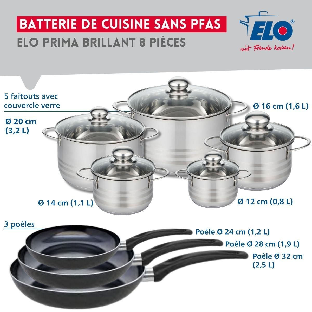 ELO Ensemble de 3 Poêles de cuisson 24, 28 et 32 cm et 5 faitouts 12, 14, 16, 20 et 24 cm Elo Prima Brillant