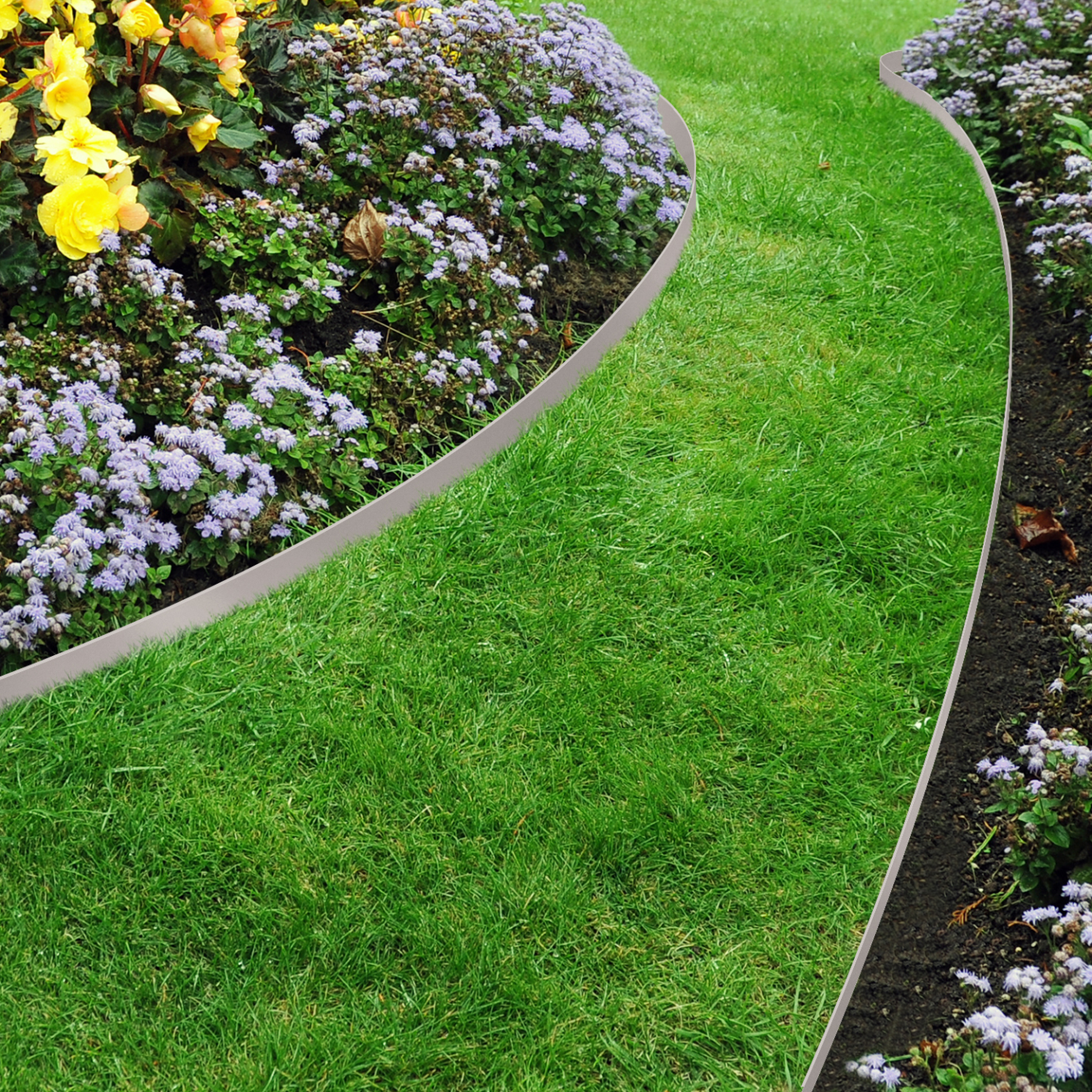 Voir la diapositive 4 : ID MARKET Bordurette de jardin flexible 10 m grise hauteur 5 cm + 30 piquets
