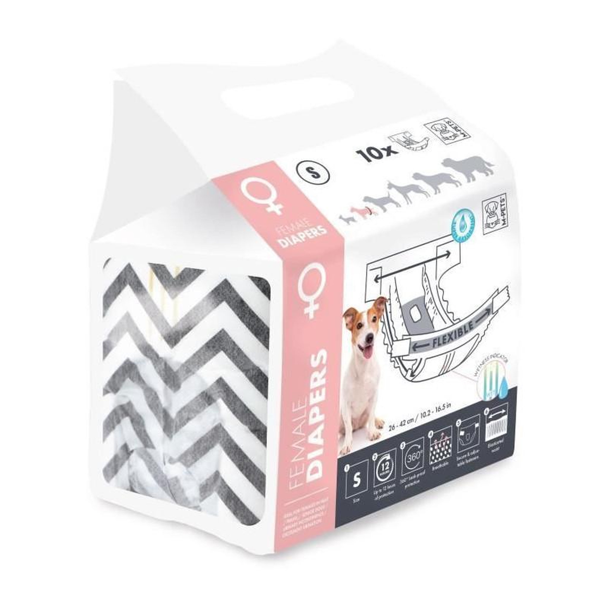 Voir la diapositive 2 : M PETS Couches pour chien - M PETS - DIAPERS - Femelle S x10 - Tour de taille 17,5-37 cm - 2-4 kg - Indicateur d'humidité - 12h protec
