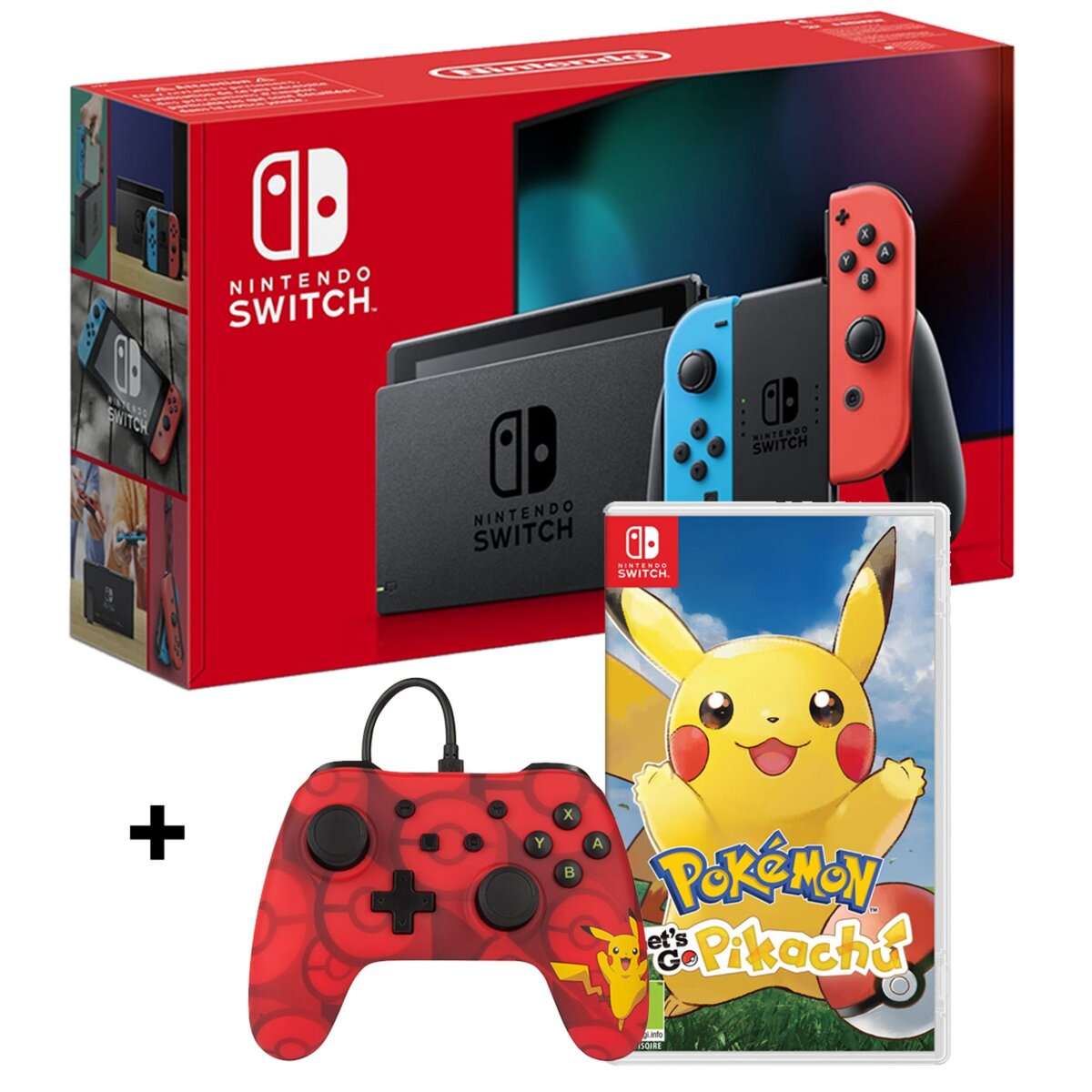 NINTENDO Console Nintendo Switch Joy-Con Bleu et Rouge + Pokémon Let's Go  Pikachu + Manette Filaire Pikachu Nintendo Switch pas cher 