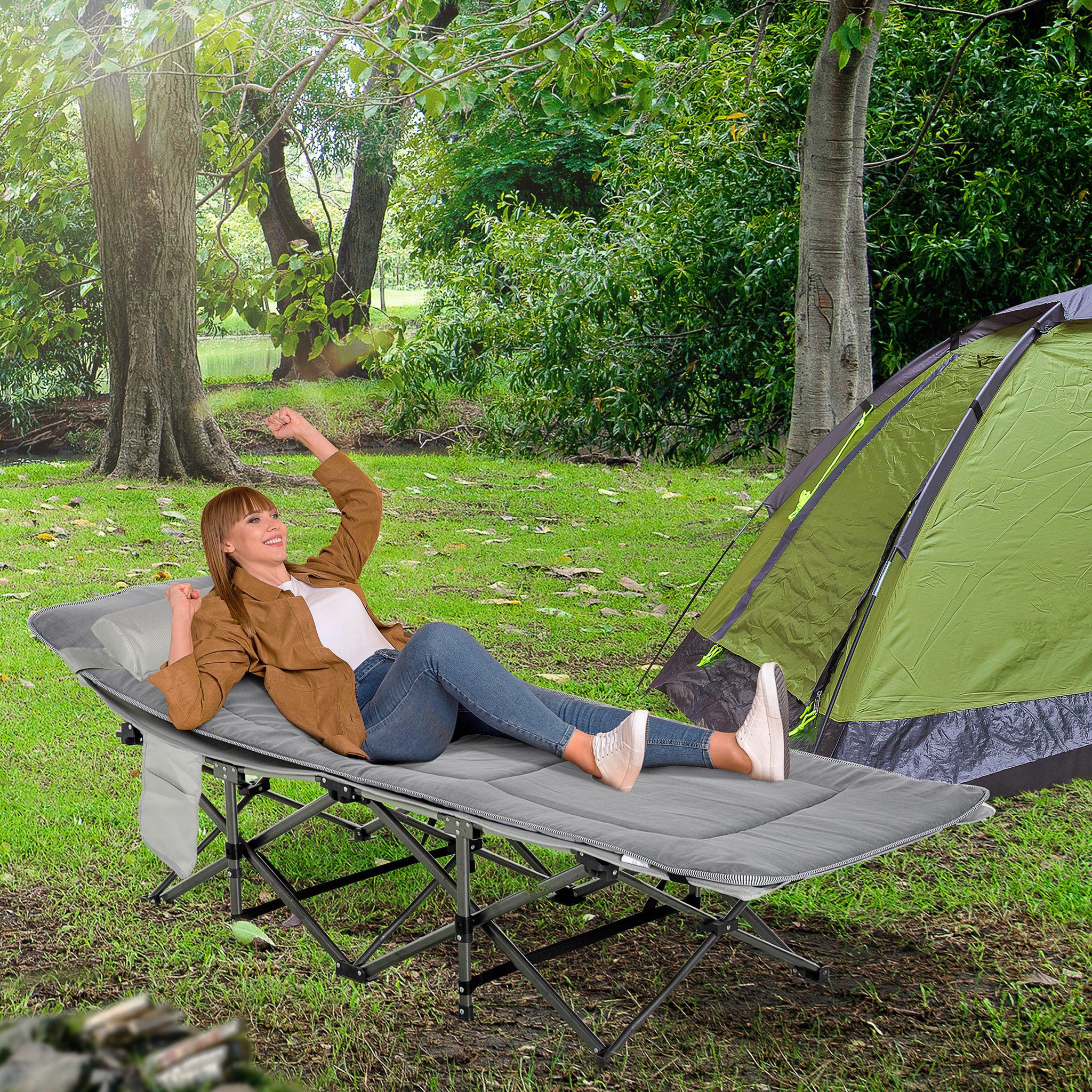 Voir la diapositive 2 : OUTSUNNY Lit de camp lit d'appoint pliable - pochette rangement, tétière, sac de transport, matelas inclus métal Oxford gris