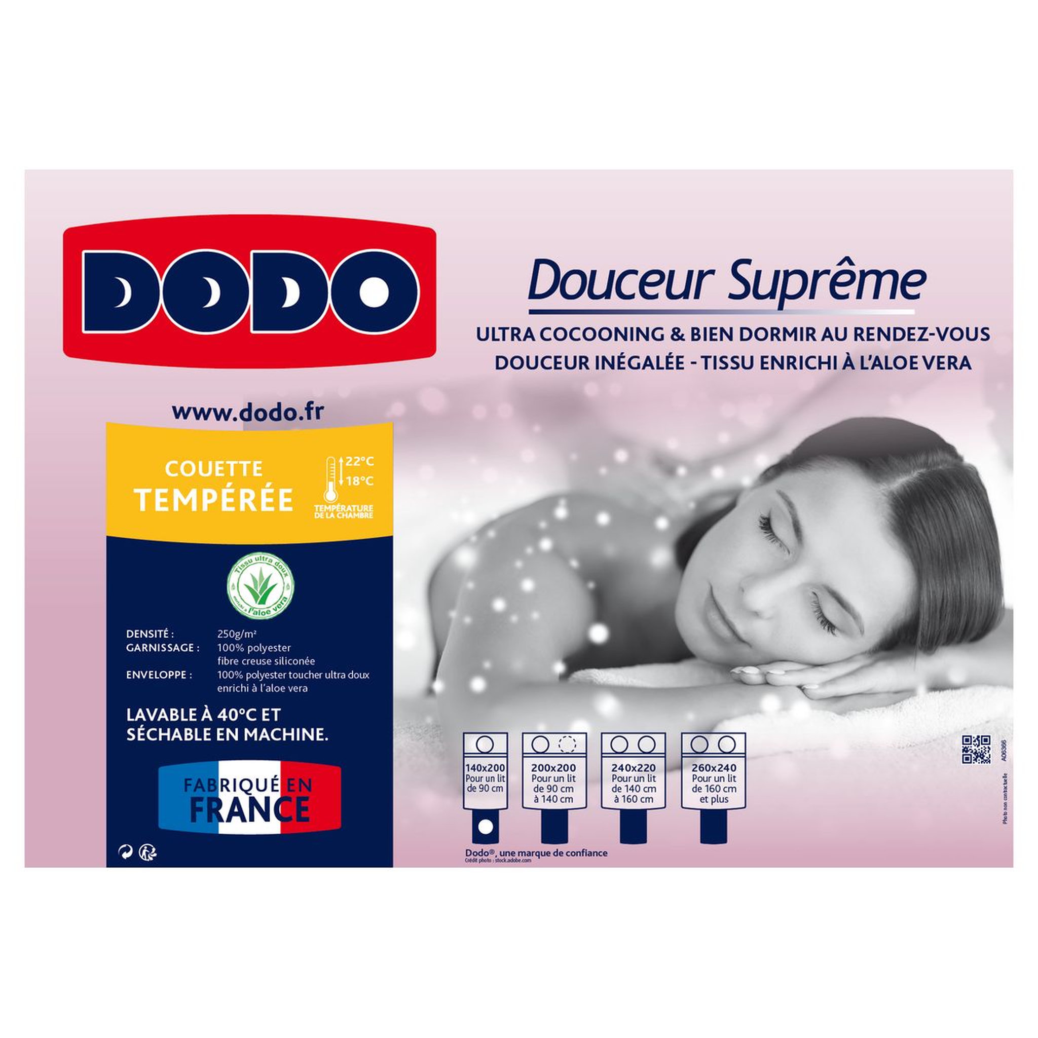 Voir la diapositive 2 : DODO Couette Tempérée DOUCEUR SUPRÊME 250 g/m² ALOE VERA