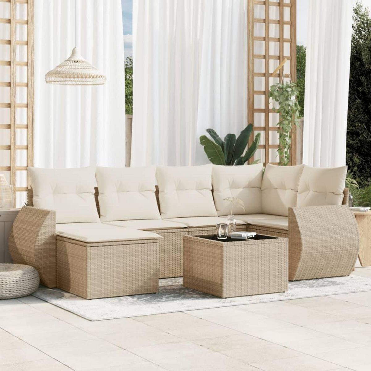VIDAXL Salon de jardin avec coussins 7 pcs beige resine tressee