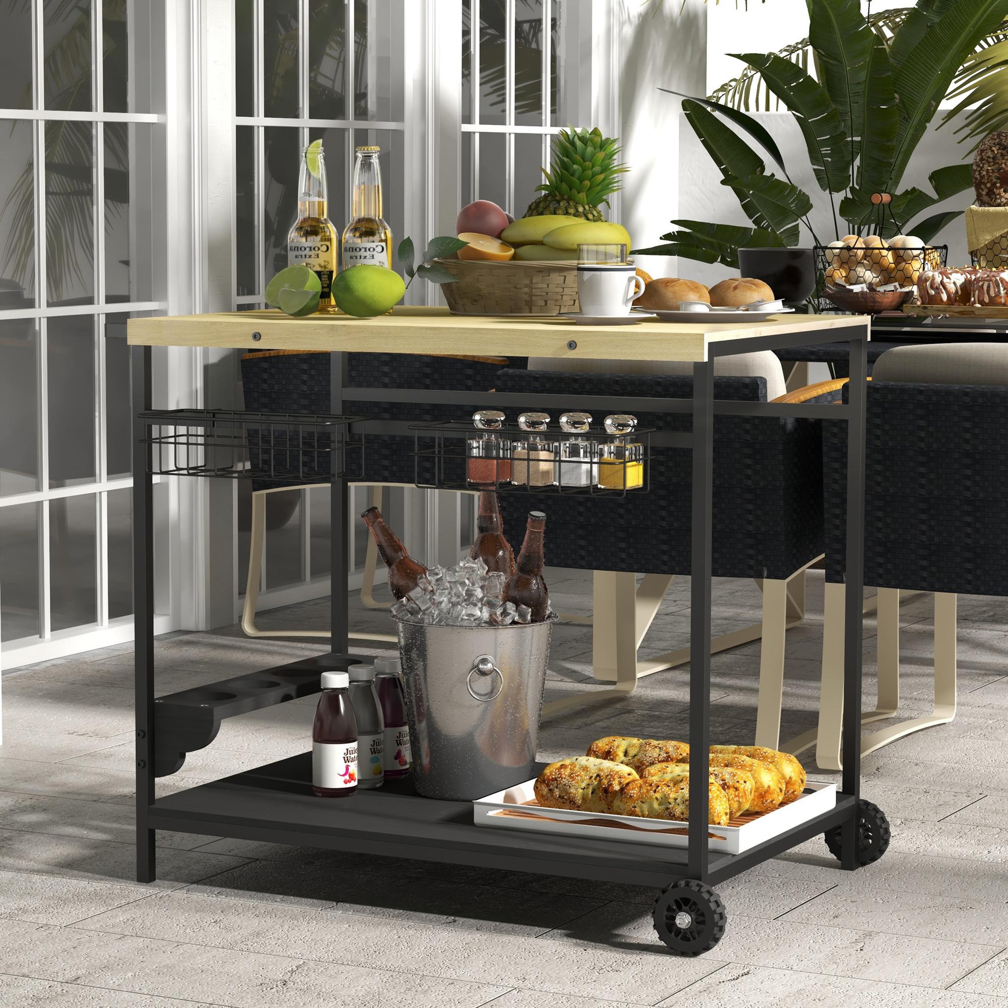 Voir la diapositive 2 : OUTSUNNY Desserte de jardin chariot pour plancha barbecue en bois et métal avec poignée 2 plateaux 2 paniers et porte-bouteilles