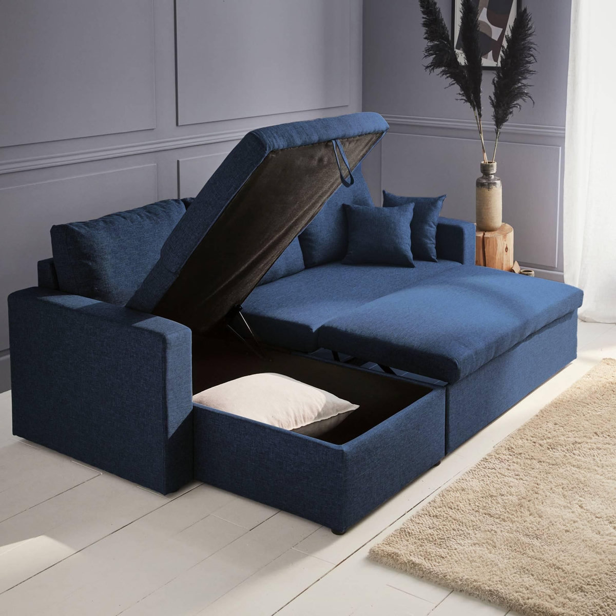 SWEEEK Canapé d'angle convertible en tissu bleu - IDA - 3 places. fauteuil d'angle réversible coffre rangement lit modulable
