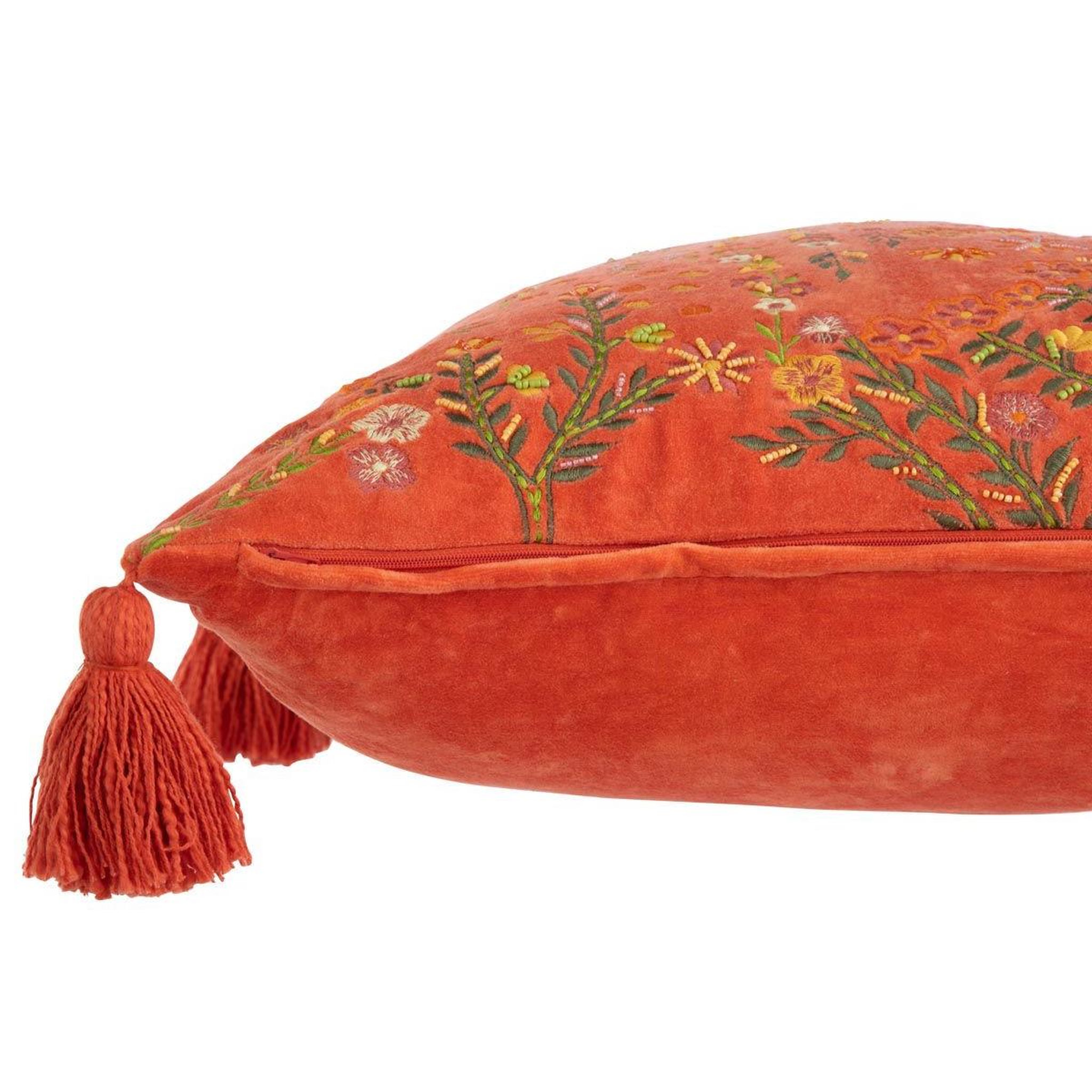 Voir la diapositive 3 : J-LINE Coussin velours design fleurs  mexican  50x50cm orange